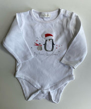 Load image into Gallery viewer, Next baby size 0-3 months white long sleeve bodysuit Christmas penguin, VGUC
