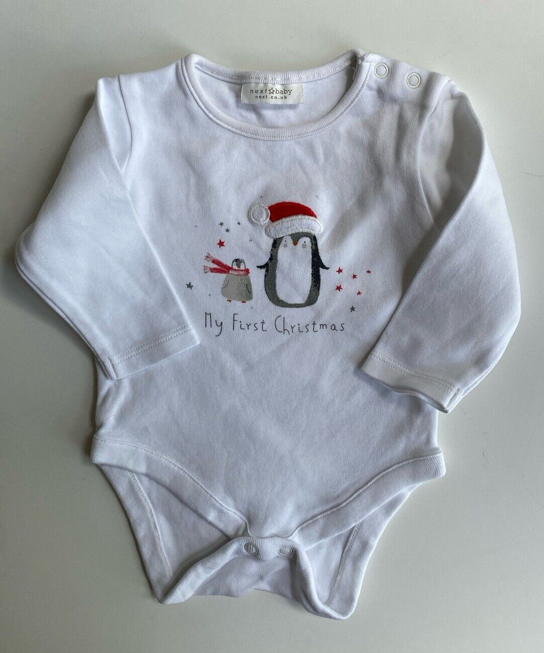 Next baby size 0-3 months white long sleeve bodysuit Christmas penguin, VGUC