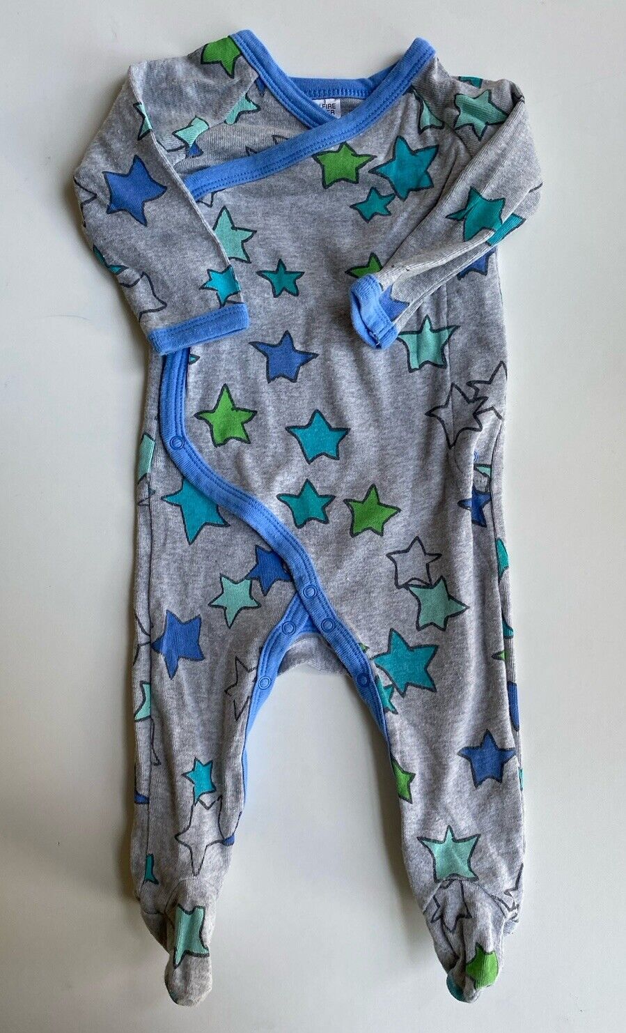 Bonds baby size 3-6 months grey wrap one-piece blue green stars, VGUC