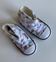 Load image into Gallery viewer, Converse baby size US 3/UK 3 white colourful bugs pull on high top sneakers, EUC
