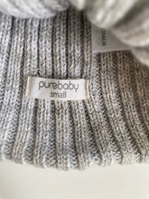 Load image into Gallery viewer, Purebaby baby size Small grey ribbed beanie pom pom, VGUC
