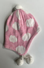 Load image into Gallery viewer, Toshi baby girl size XS pink knit beanie hat white clouds organic cotton, EUC
