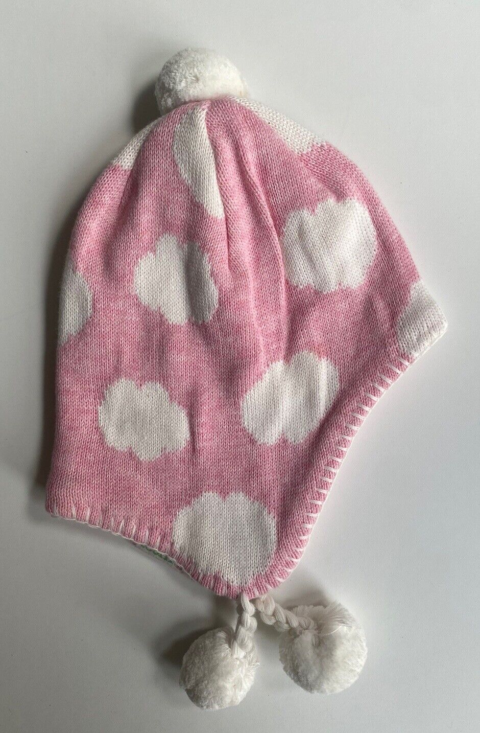 Toshi baby girl size XS pink knit beanie hat white clouds organic cotton, EUC