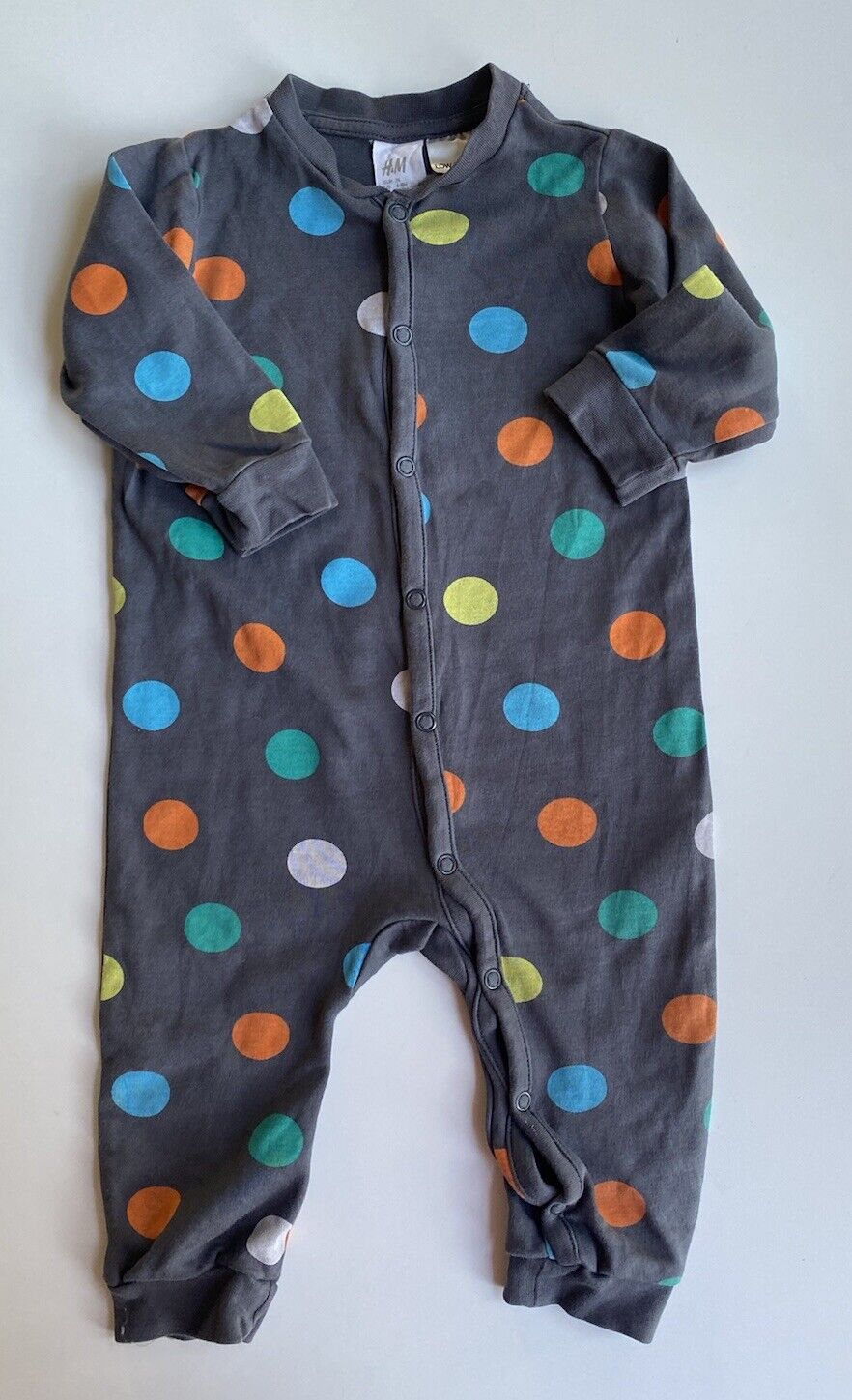 H&M baby size 6-12 months grey one-piece multicoloured spots, VGUC