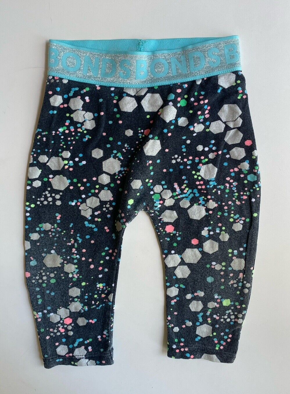 Bonds baby size 6-12 months black blue silver confetti leggings, GUC