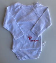 Load image into Gallery viewer, Yumcha Child baby size 0-3 months white wrap bodysuit top Miso Soup, VGUC
