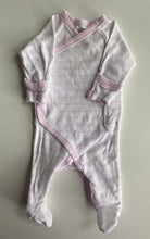 Load image into Gallery viewer, Bonds baby size newborn pink white stripe wrap one-piece growsuit, VGUC
