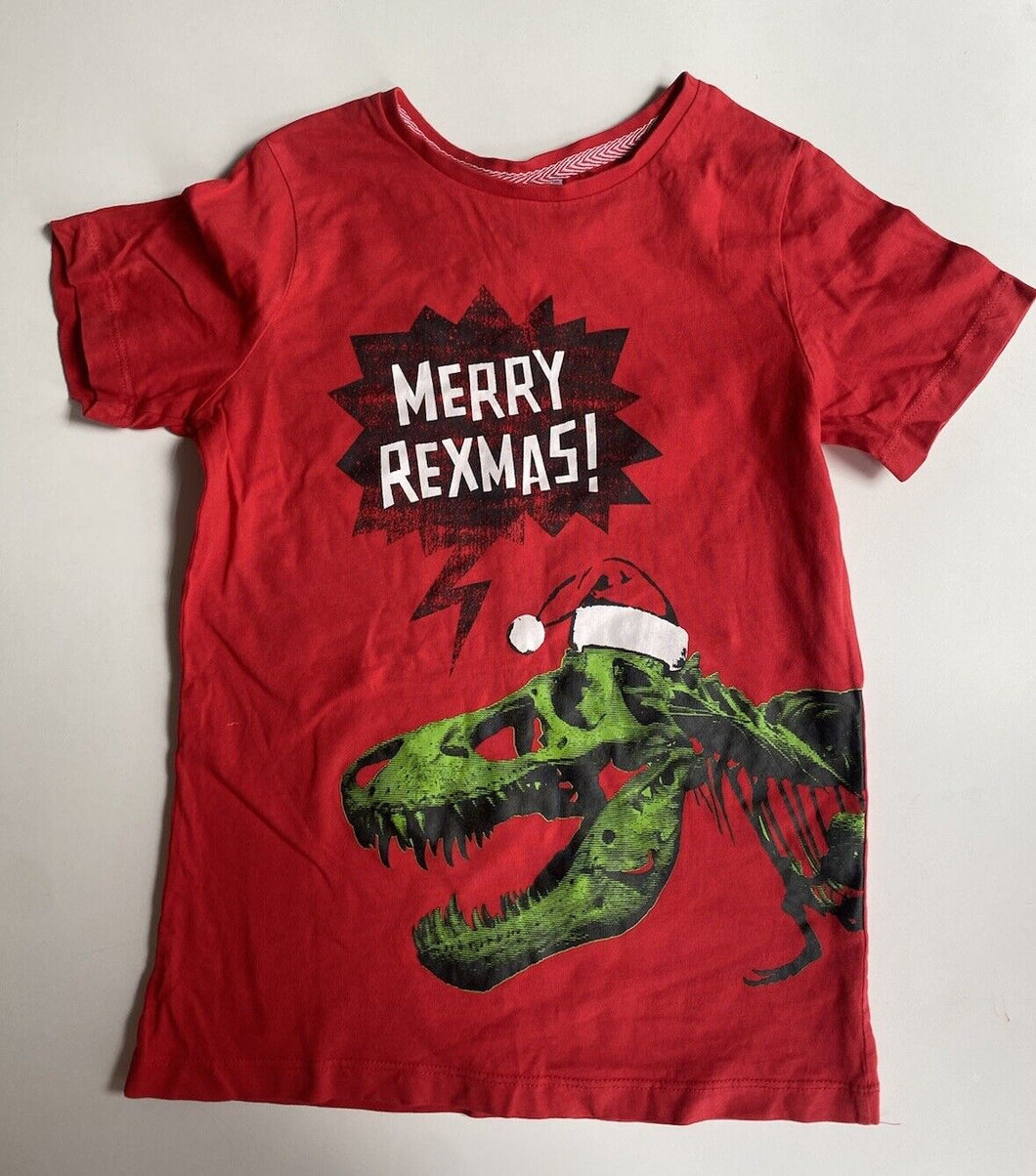 Target kids boys size 8 red short sleeve t-shirt Christmas T-Rex dinosaur, VGUC