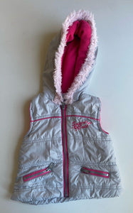 Kids Stuff baby girl size 12-18 months grey pink hooded puffer vest zip, VGUC