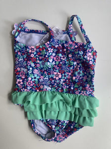 Cotton On baby girl size 3-6 months blue pink floral bathers ruffles, VGUC