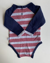 Load image into Gallery viewer, Marquise baby boy size 0-3 months grey red blue stripe bodysuit, VGUC
