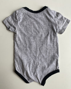 DKNY baby size 3-6 months grey red logo short sleeve bodysuit top, VGUC