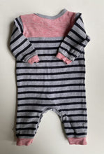 Load image into Gallery viewer, Bebe by Minihaha baby size 0-3 months grey blue red stripe one-piece, VGUC
