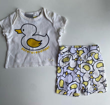 Load image into Gallery viewer, Peter Alexander baby size 0-3 months white yelllow duck PJ set top shorts, VGUC
