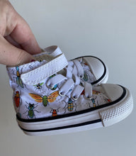 Load image into Gallery viewer, Converse baby size US 3/UK 3 white colourful bugs pull on high top sneakers, EUC
