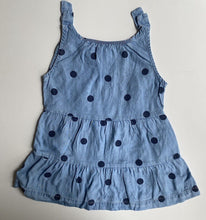 Load image into Gallery viewer, Cotton On baby girl size 0-3 months blue denim chambre spotted dress, VGUC
