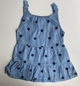 Cotton On baby girl size 0-3 months blue denim chambre spotted dress, VGUC