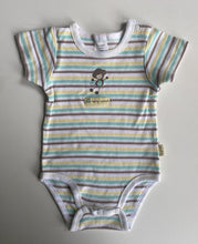 Load image into Gallery viewer, Pumpkin Patch baby size 0-3 months white blue yellow stripe bodysuit, VGUC
