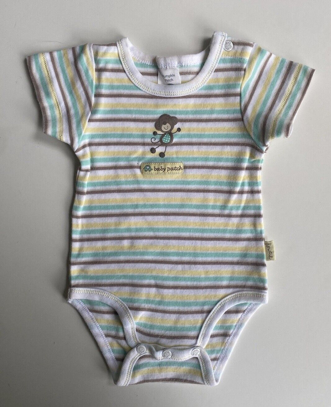 Pumpkin Patch baby size 0-3 months white blue yellow stripe bodysuit, VGUC