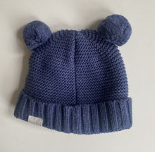 Load image into Gallery viewer, Toshi baby size approx. newborn blue knitted beanie pom poms, VGUC
