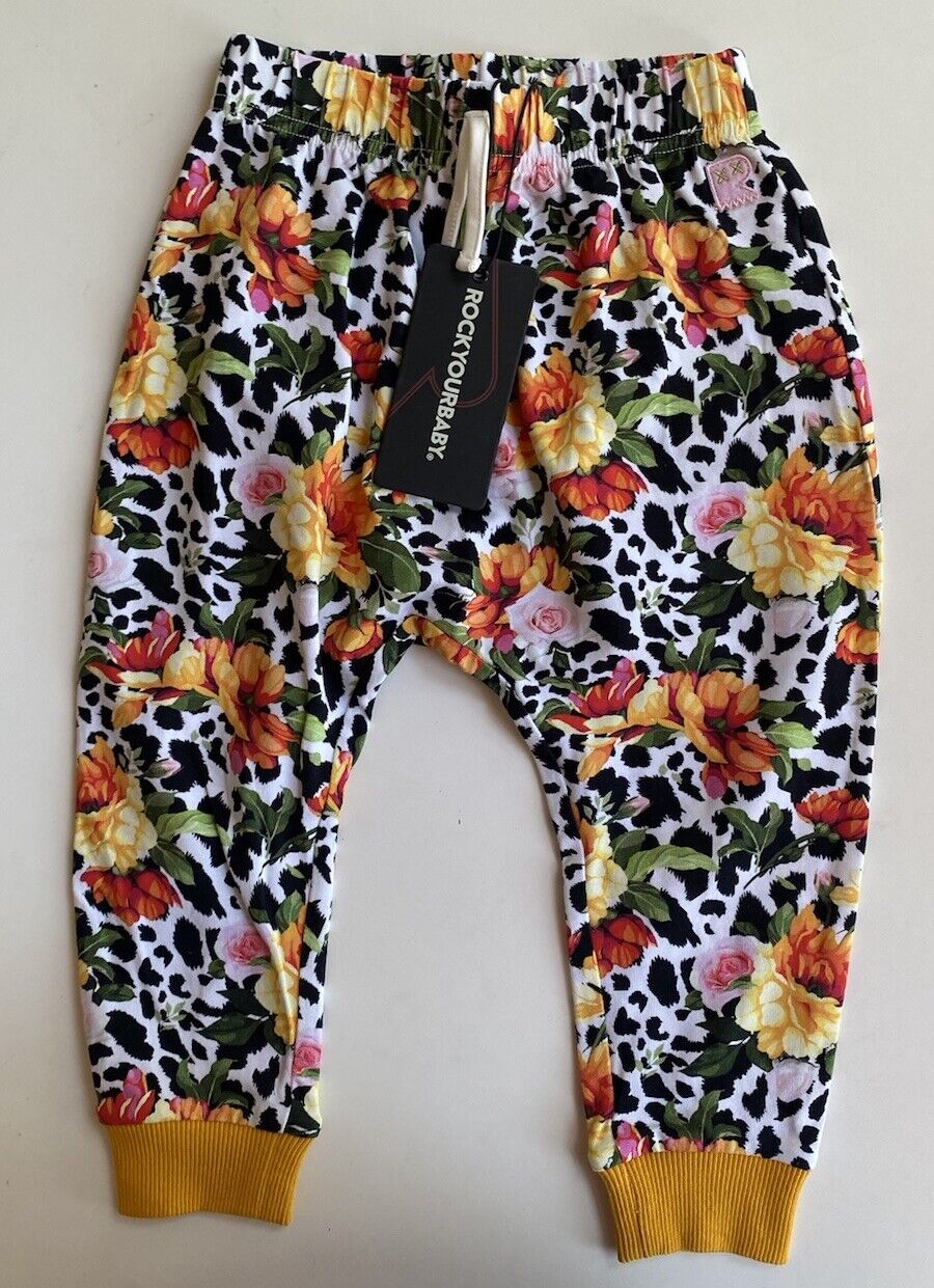 Rock Your Baby baby girl size 18-24 months black orange floral pants, BNWT