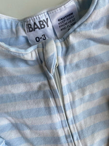 Cotton On baby size 0-3 months light blue white stripe one-piece zip, VGUC