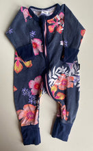 Load image into Gallery viewer, Bonds baby girl size 0-3 months zippy wondersuit navy blue pink floral, GUC
