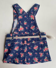 Load image into Gallery viewer, Target baby girl size 6-12 months blue denim pinafore dress pink floral, EUC
