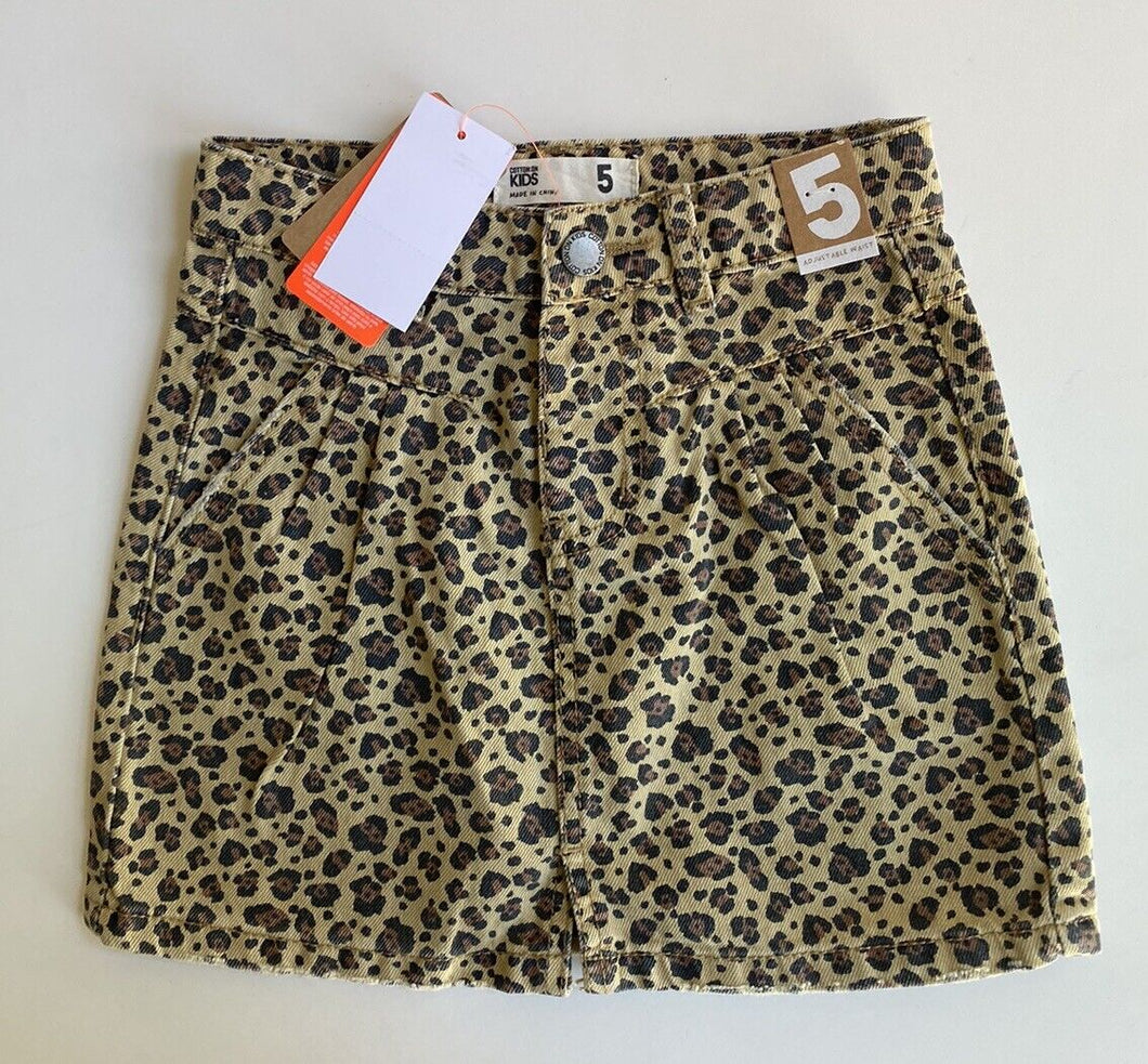 Cotton On Kids girls size 5 brown distressed denim leopard print mini skirt BNWT