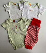 Load image into Gallery viewer, Pumpkin Patch baby 0-3 months bundle green t-shirt tops red stripe pants VGUC
