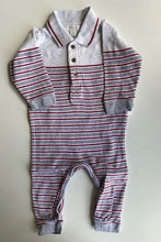 Load image into Gallery viewer, Purebaby baby boy size 3-6 months grey blue red stripe collared one-piece, VGUC
