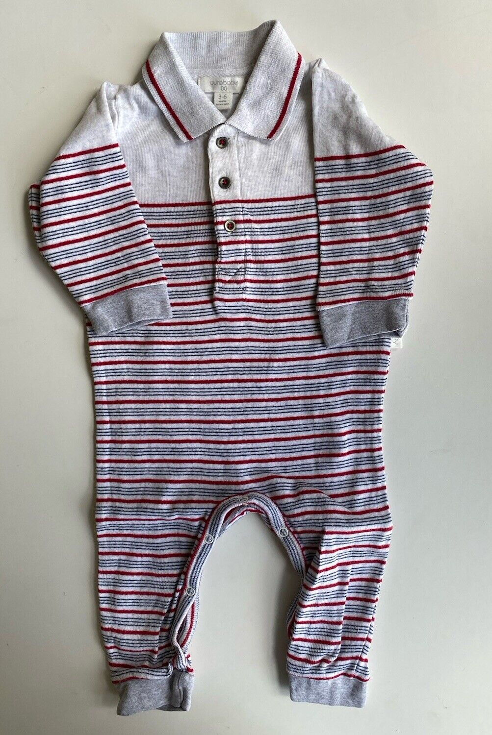 Purebaby baby boy size 3-6 months grey blue red stripe collared one-piece, VGUC