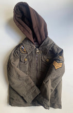 Load image into Gallery viewer, Urban Republic kids boys size 4 green zip up denim jacket brown hood, VGUC
