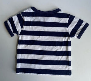 Korango baby boy size 0-3 months navy blue white stripe digger t-shirt, VGUC