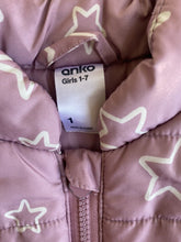 Load image into Gallery viewer, Anko baby girl size 12-18 months purple pink white stars zip up puffer vest VGUC
