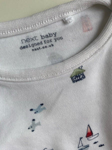 Next baby size 0-3 months x2 long sleeve t-shirts blue white boats ocean, VGUC