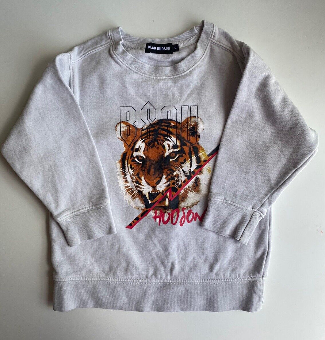 Beau Hudson kids boys toddler size 2 grey tiger pullover jumper, GUC