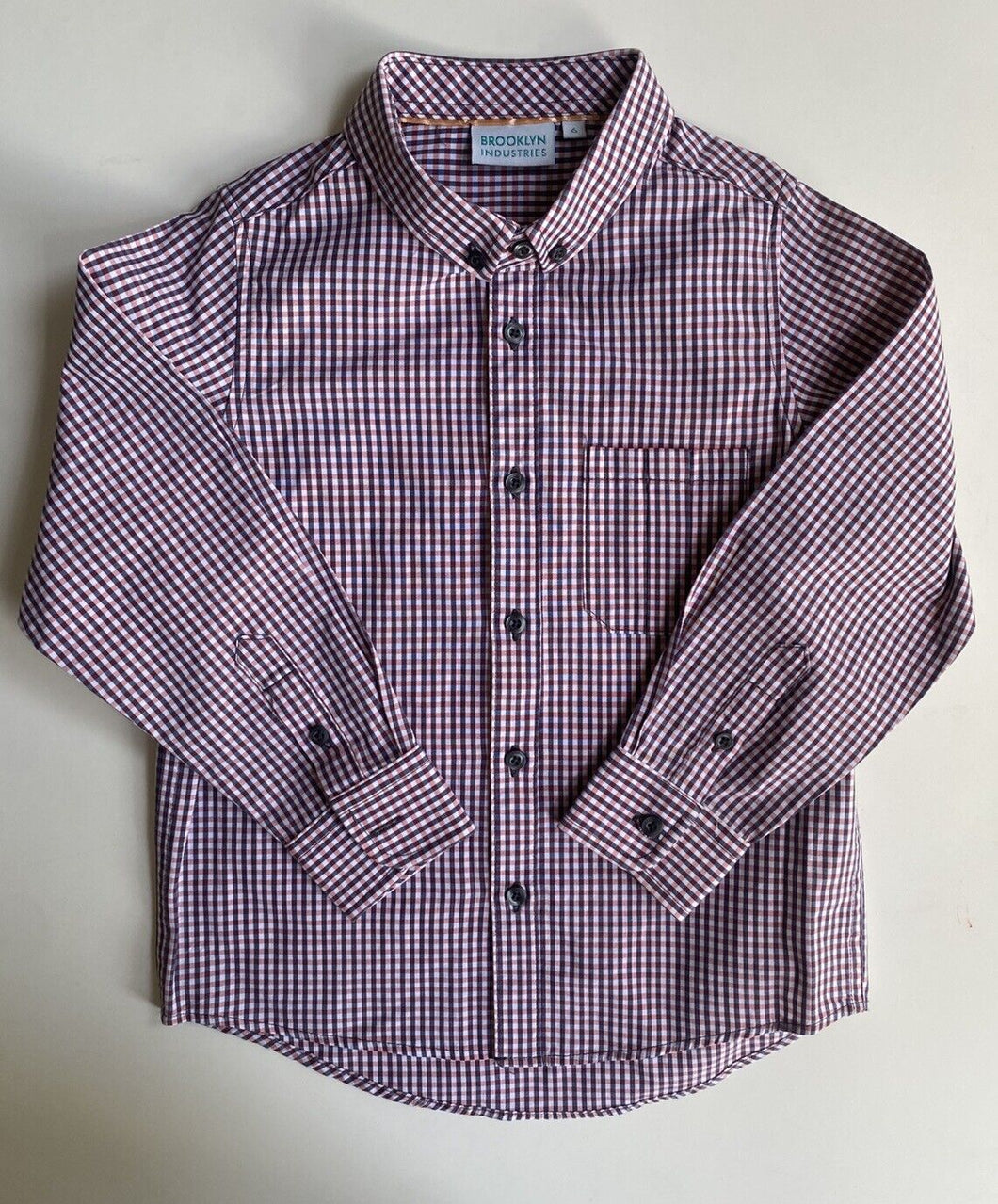 Brooklyn Industries kids boys size 6 pink grey check button up shirt, VGUC
