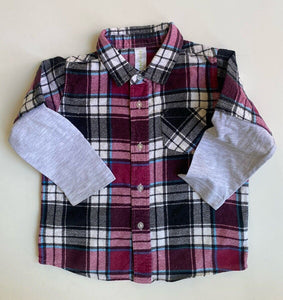 Dymples kids boys toddler size 2 maroon black check flannel shirt button up VGUC