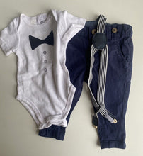 Load image into Gallery viewer, Dymples baby boy size 0-3 months blue pants suspenders bodysuit bundle, VGUC
