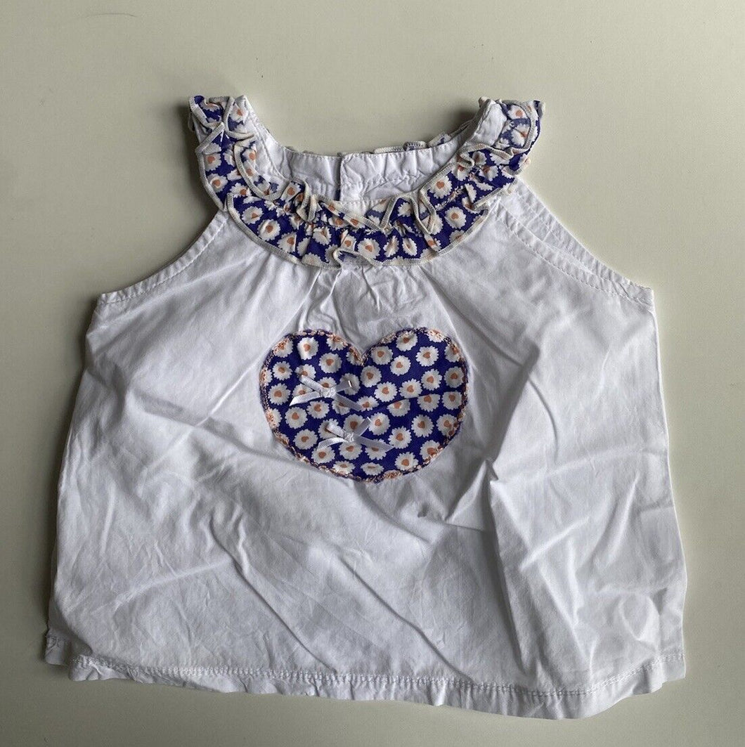 Sprout baby girl size 6-12 months white blue floral heart top blouse, VGUC