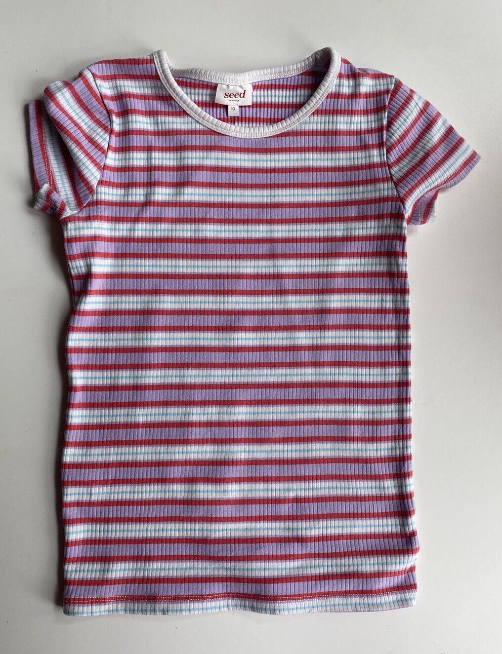 Seed kids girls size 10 pink purple ribbed stripe t-shirt top, VGUC