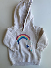 Load image into Gallery viewer, Sprout baby girl size 6-12 months beige glitter rainbow hooded jumper, GUC
