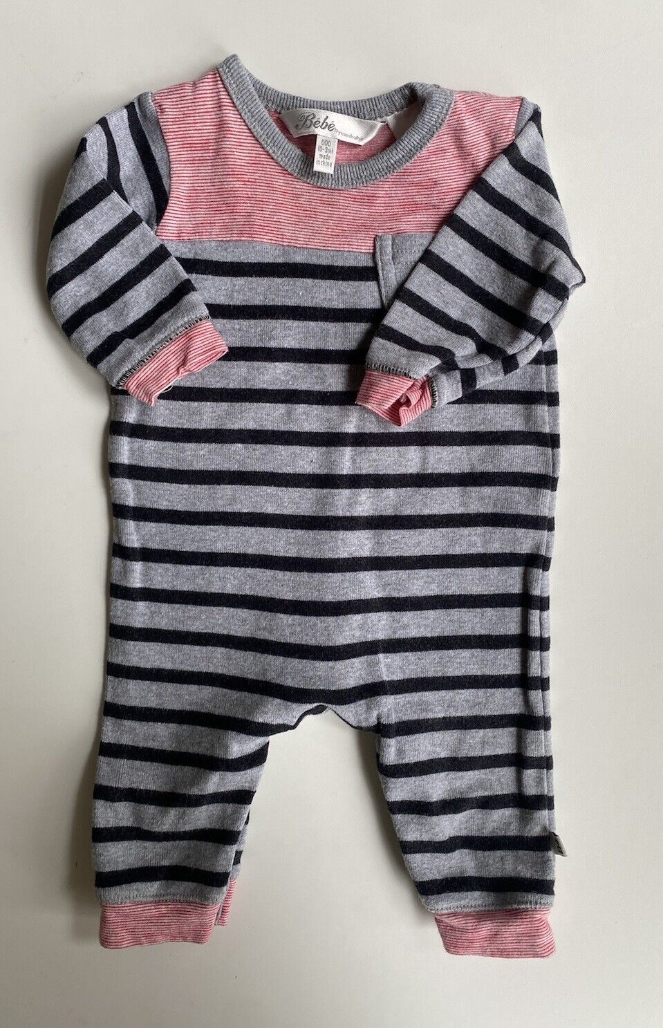 Bebe by Minihaha baby size 0-3 months grey blue red stripe one-piece, VGUC