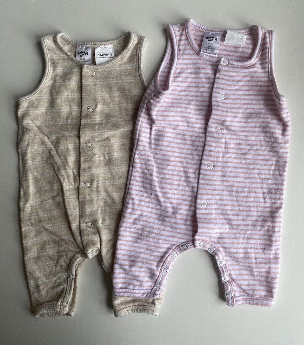 Baby Berry baby girl size 0-3 months x2 pink brown stripe jumpsuits, VGUC