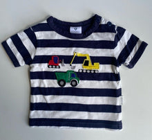 Load image into Gallery viewer, Korango baby boy size 0-3 months navy blue white stripe digger t-shirt, VGUC
