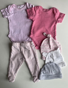 Dymples baby girl size early baby 00000 pink tops pants beanies bundle, VGUC