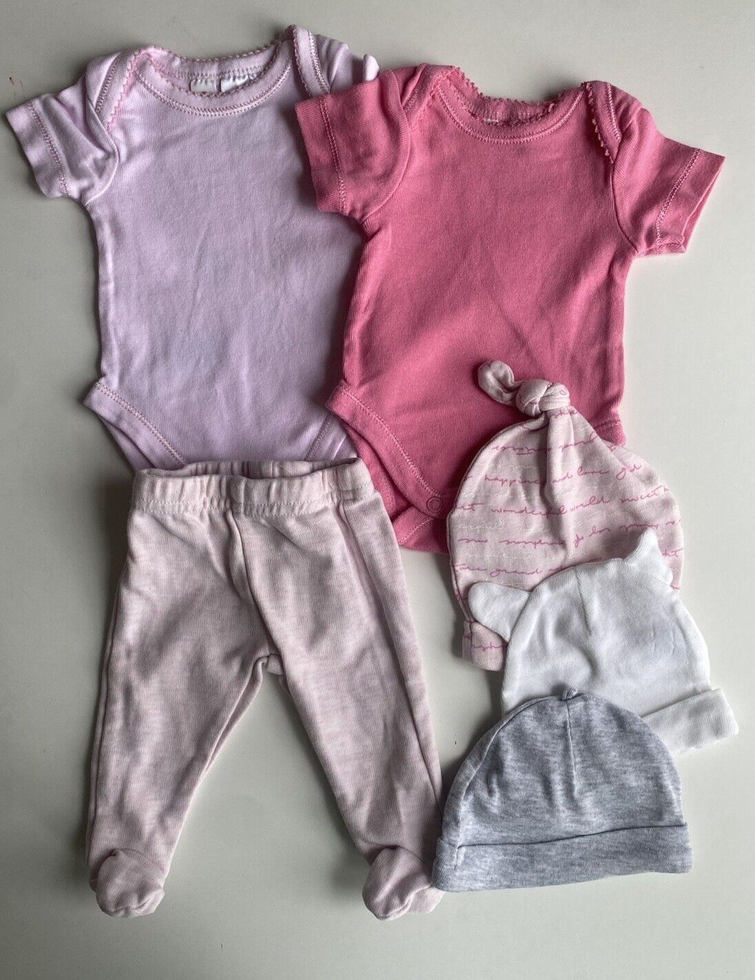 Dymples baby girl size early baby 00000 pink tops pants beanies bundle, VGUC