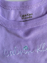 Load image into Gallery viewer, Calvin Klein baby girl size 0-3 months purple short sleeve bodysuit logo, VGUC
