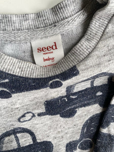 Seed baby boy size 3-6 months grey blue cars jumper, VGUC